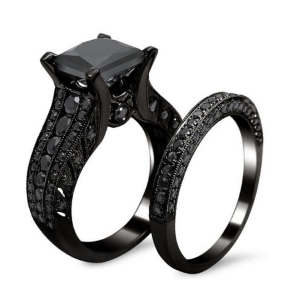 New 2pc Set Black Engagement Wedding Ring - Picture 2 of 4